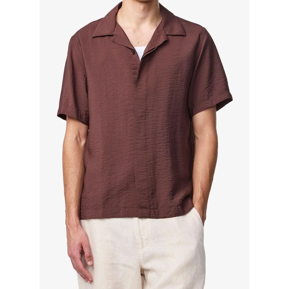 NN07 Button Shirt Mens Small Brown Textured Modal Camp Collar Hank $190